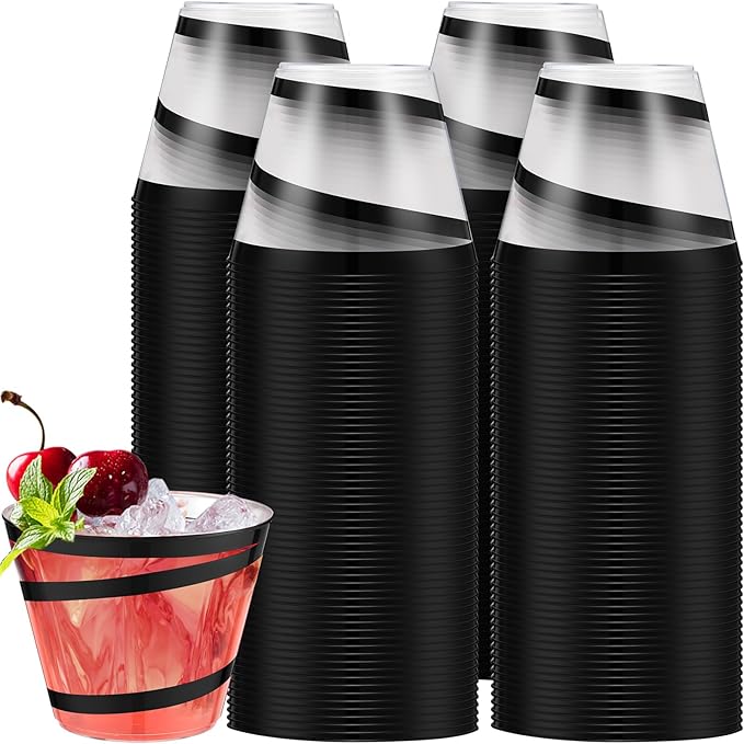 Gejoy 9 oz Rimmed Swirl Plastic Cups Disposable Wine Drinking Cups Clear Elegant Halloween Tumblers for Christmas Party Supplies(Black,200 Pcs)