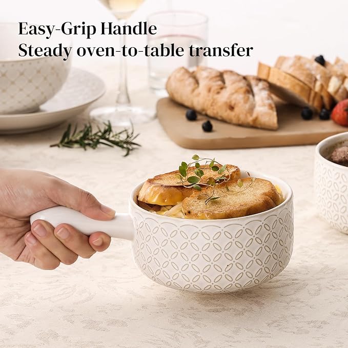 DOWAN French Onion Soup Bowls, 18 Oz Soup Bowls with Handles, Oven Safe Stackable Ceramic Soup Crocks for Chili, Beef Stew, Microwave & Dishwasher Safe Set of 4