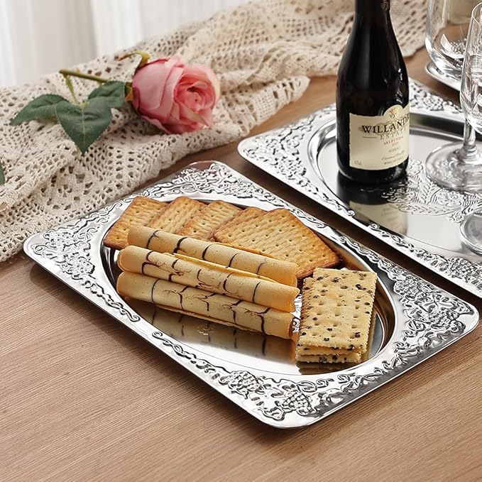 4-Pack Small Silver Serving Trays Set - ZENOVLUX Oval Vintage Engraved Mirror Decorative Tray, 11.4" x 7" Party Platters for Valentine's Day, Food, Appetizer, Charcuterie, Cookies, Desserts