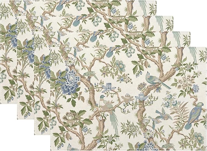 Chinoiserie Floral Place mats Set of 4, 12x18 Inches Green Blue Birds Flower Decorative Placemats Rectangle Floral Table Mats for Party Home Kitchen Dining Table Decoration