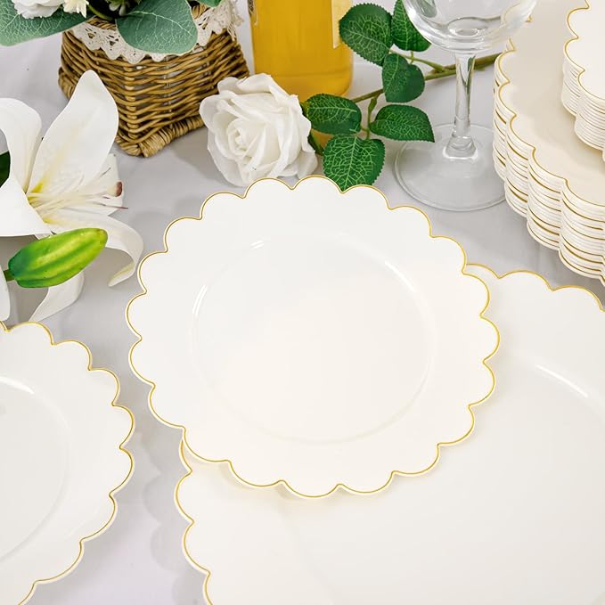 LIYH 120 Pcs Ivory Scalloped Plastic Plates Disposable - Ivory and Gold Plastic Plates - Gold Fancy Disposable Party Dinner & Dessert Plate for Wedding Birthday Valentines Day