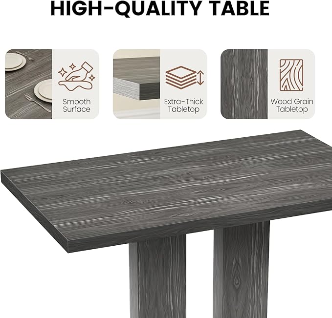 Modern 5-Piece Dining Table Set for 4, 46" Pedestal Dining Table with 4 Leather Chairs, Small Space Saving Kitchen Table Set, Grey Wood Finish Rectangular Table for Dining Room & Apartment