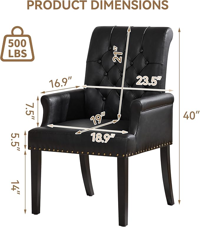 PU Leather Dining Chair with Arms, Upholstered Tufted High Back Dining Room Chairs, Accent Armchair with Solid Wood Leg and Nailhead Trim, Kitchen Dining Living Room, Black