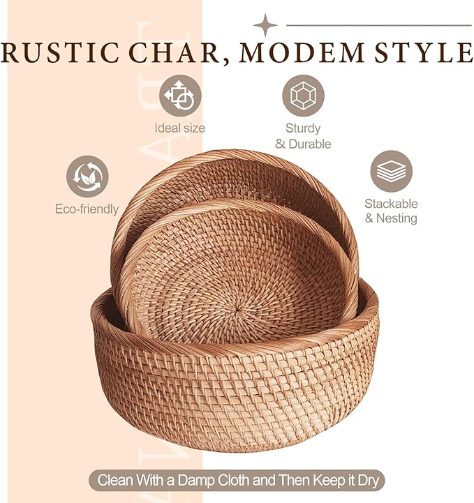 8" Round Small Wicker Basket, Artisanal Key Bowl for Entryway Table, Decorative Bowl for Kitchen Counter, Bedside, Living Room, Natural Woven Fruit Bowl, Purse Bowl, Rattan Bread Basket