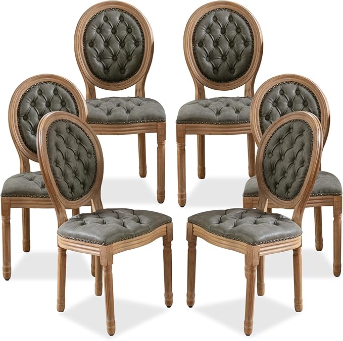 SoarFlash French Dining Chairs Set of 6, Vantage Dining Chair with Round Back, Farmhouse Country PU Leather Dining Chair for Kitchen,Bedroom,Green