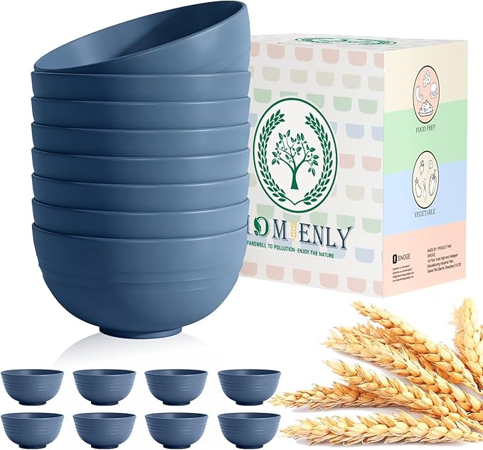 Homienly Soup Bowls, Cereal Bowl, Premium Wheat Straw Bowls Set of 8, Unbreakable Plastic Bowls Microwave Safe, Dishwasher Safe Serving Bowl for Kitchen, Breakfast, Dinner, Salad, Poke (Blue, 26 OZ)