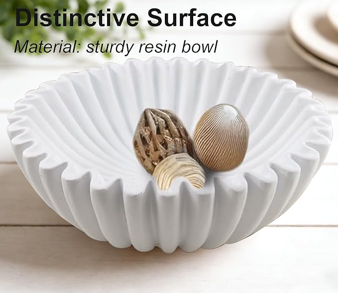 Large Modern Decorative Bowl, Fruit Bowl for counter, Modern Home Decor, Ruffle Bowl for Kitchen Counter Coffee Table, Key Bowl for Entryway Table, 10", White