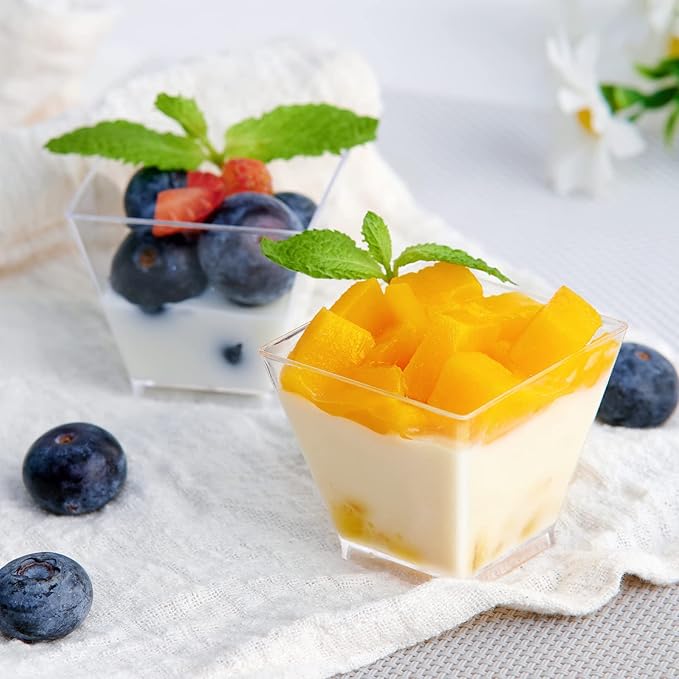 JOLLY CHEF 100 Pack 2oz Square Mini Dessert Cups with Spoons, Clear Plastic Parfait Appetizer Cup, Small Plastic Dessert Serving Bowl for Tasting Party