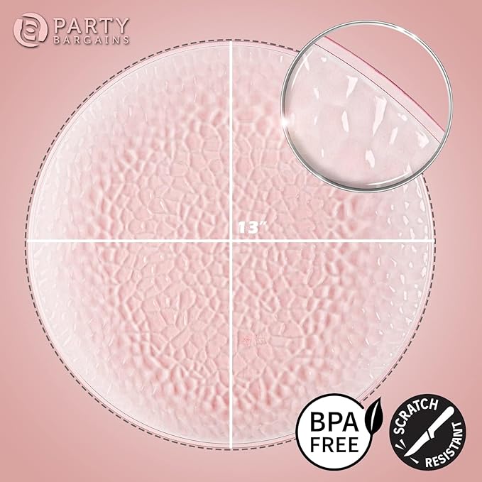 PARTY BARGAINS 13-Inch Charger Plates - 48 Pack, Hammered Pink, Heavy-Duty Disposable Chargers for Elegant Dining - Ideal for Weddings and Formal Events
