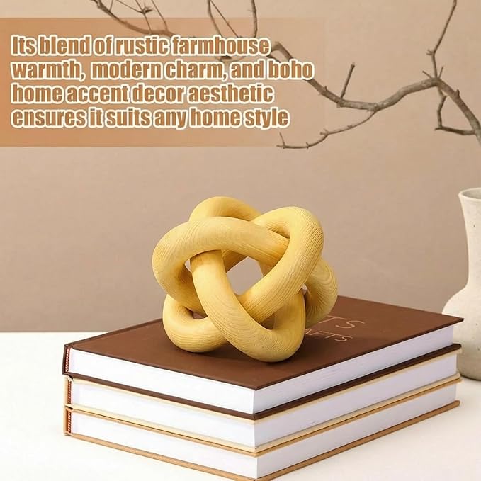 3 Link Wood Knot Decor Rustic Home Décor Accents Hand Carved Coffee Table Decoration, Boho Chain Link Decoration, Modern Shelf, Rustic Objects for Home Living Room Bedroom(Yellow)