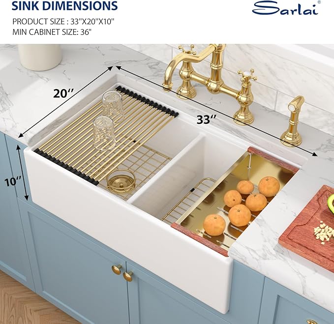 Sarlai 33 White Farmhouse Kitchen Sink Double Bowl - 33x20 Inch Apron Front Kitchen Sink Workstation Reversible Undermount Ceramic Fireclay Farmer Sinks Basin With Gold Accessories