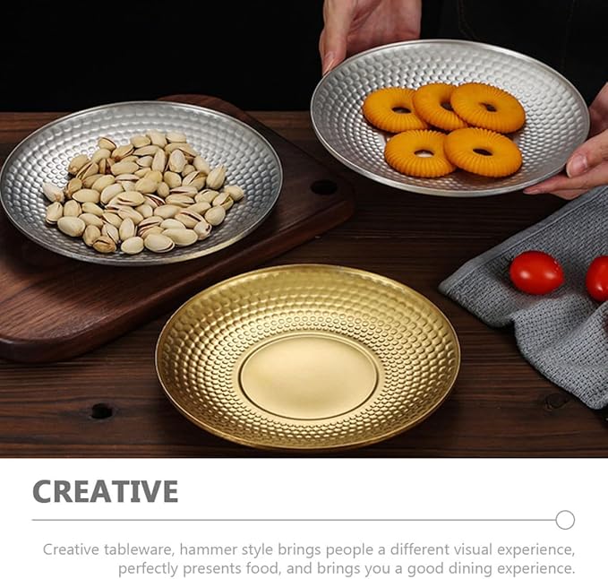 BESPORTBLE Creative Hammer Textured Stainless Steel Fruit Serving Tray Round Dinner Plate for Outdoor Camping and Indoor Use, Vintage Gold Diamond Pattern