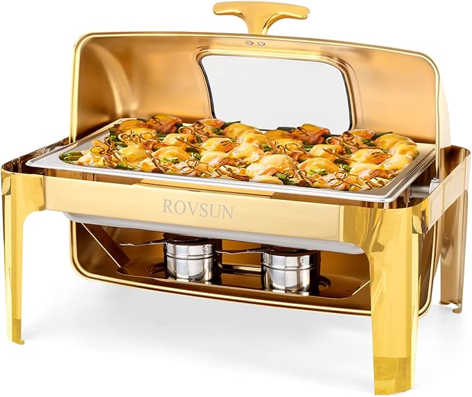 ROVSUN 9QT Chafing Dishes for Buffet, Roll Top Chafing Dish Buffet Set, Stainless Steel Buffet Warmer Chafers and Buffet Warmers Sets with Glass Window for Catering Events Parties Weddings, Gold