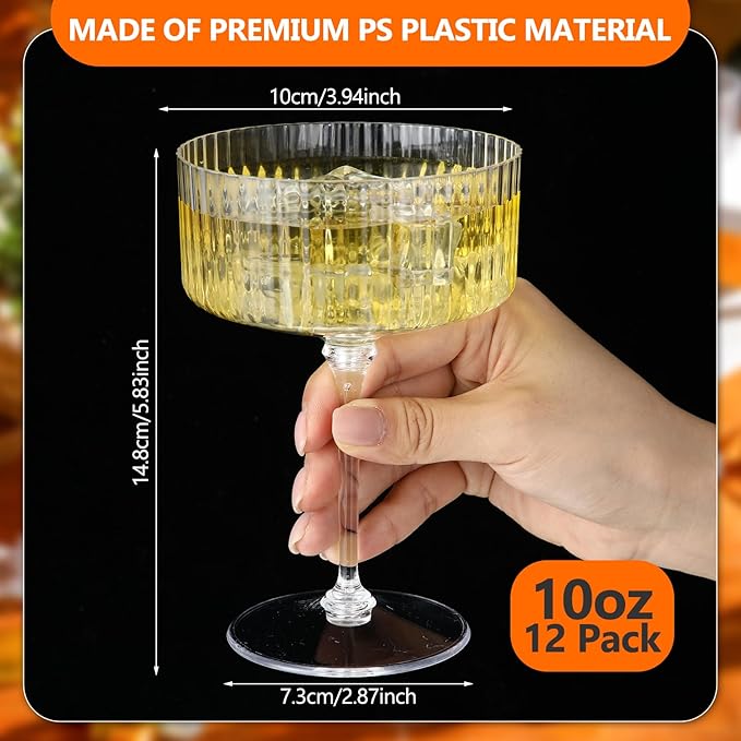 12 Pcs Ribbed Martini Glasses 10 oz Disposable Plastic Vintage Ribbed Coupe Glasses Unbreakable Dessert Parfait Glassware for Wedding Birthday Party Supplies (Clear)