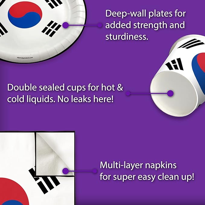 South Korean Flag Birthday Party Supplies Set Plates Napkins Cups Tableware Kit for 16