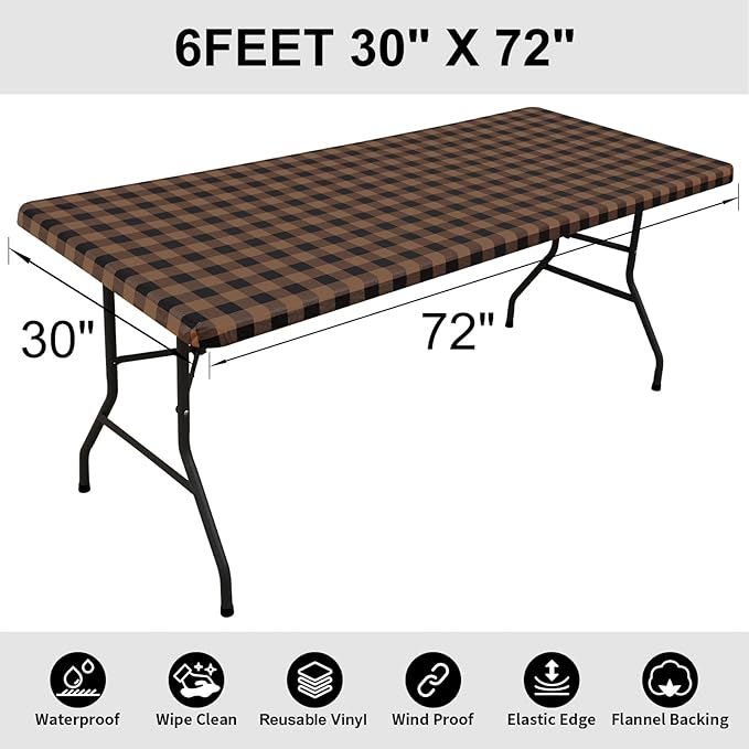 Smiry Rectangle Picnic Table Cloth, Elastic Waterproof Fitted Vinyl Tablecloths, Flannel Backed Buffalo Plaid Table Covers for Dining, Camping, Outdoor (Black and Brown, 30" x 72")