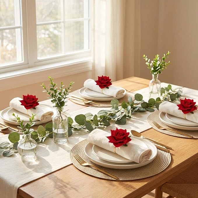 Honeydak 16 Set Valentine's Day Napkin Ring Rose Flower Metal Napkin Ring Designed with Rose Serviette Buckle for Valentine's Day Wedding Anniversary Party Dinner Table Decoration (Red)