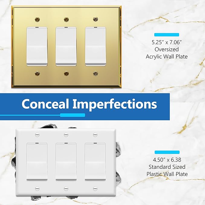 LIDER Reflective Acrylic Decorator Wall Plate, Mirrored Light Switch Plate, Plexiglass Outlet Cover, Acrylic Glass, Oversized 3-Gang 5.25" x 7.06", LWP-33O-AGD5P, Gold, 5 Pack