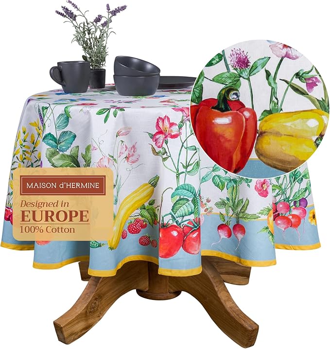 Maison d' Hermine Table Cloth Round Table 100% Cotton 69 Round Inches Tablecloth Reusable Decorative for Dining Room Farmhouse Home Valentines Day Decorations Spring Summer - Giverny