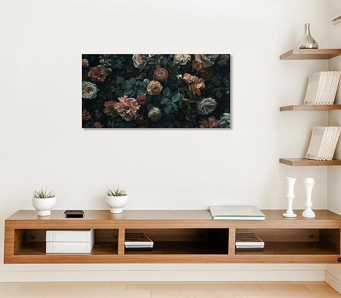 ADJUVANT Wall Art Floral 40"L x 20"W, Dark Hued Vintage Flowers With Lush Foliage Canvas Painting Elegant Blooms Artwork Retro Garden Prints Floral Wall Decor for Living Room Bedroom Study Home Office