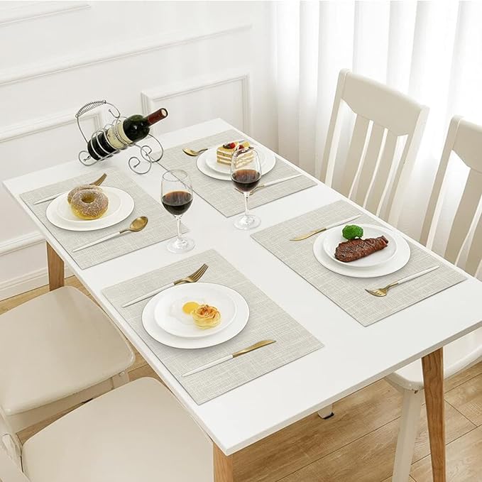 Beige Cloth Placemats Set of 6 - Washable Dining Table Mats Cloth Place Mats for Kitchen Place Mats Rectangle Farmhouse Fall Placemats for Indoors & Outdoors, Easy to Clean 12 x 18 Inch