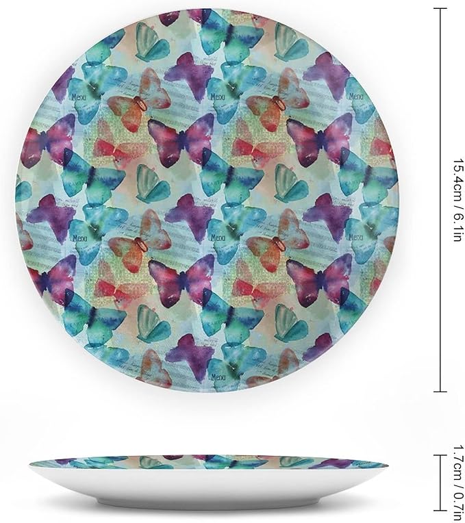 Decorative Plates, Abstract Print Ornament, Watercolor Rainbow Colored Butterflies and Letterings Music, 8 Inch, Kitchen Wall Decor, Multicolor