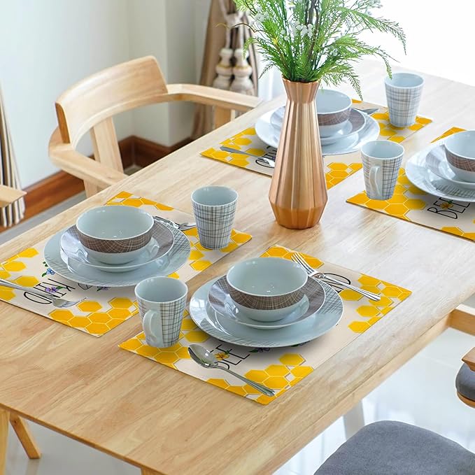 Giwawa Bee Kind Placemats Set of 4-12"x18" Summer Bees Floral Linen Place Mat- Yellow Honeycomb Washable Heat Resistant Table Mats for Kitchen Dining Party Tabletop Picnic Decoration