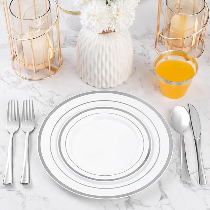 BESTVIP 600PCS Silver Plastic Plate Set (100 Guests), Disposable Plates for Party Wedding Birthday, Dinnerware Set of 200 Plastic Plates, 200 Forks, 100 Spoons, 100 Knives for Christmas