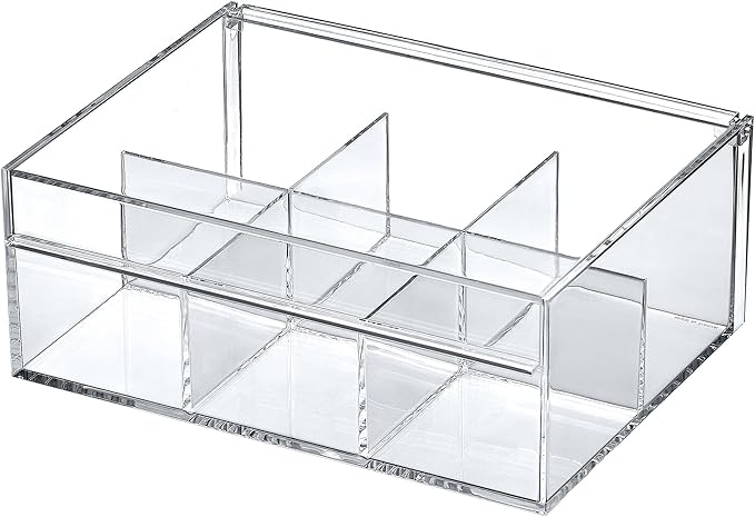 Amazing Abby - Tea-Rrific - Acrylic 6-Compartment Tea Bag Organizer, Clear Plastic Tea Box, 6-Slot Tea Chest, Perfect Tea Storage Solution for Kitchen Cabinet, Countertop, Pantry, and More