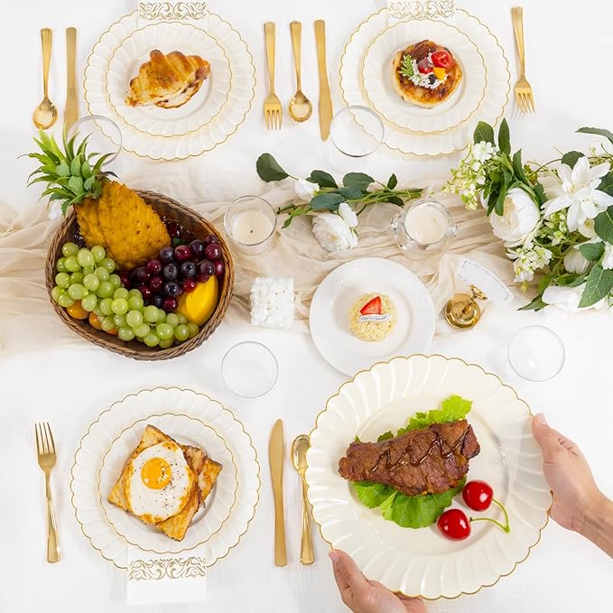 YOUBET 175PCS Ivory Scalloped Plastic Plates - Gold Disposable Dinnerware Set Include 50 Plates, 75 Gold Silverware, 25 Cups, 25 Napkins for Party & Wedding