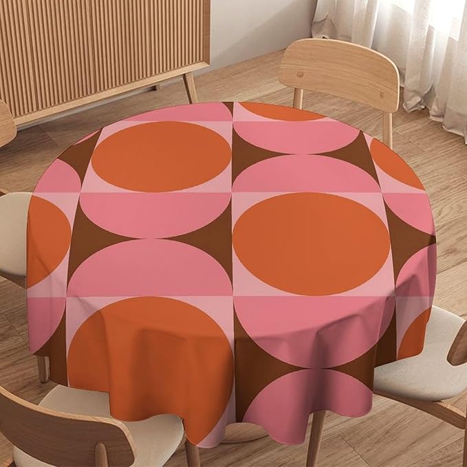 Mid Century Round Tablecloth, Abstract Retro 50s 60s Style Geometric Print Tablecloth for Home Party Dining Room Kitchen Decorm 60Inch(152cm)