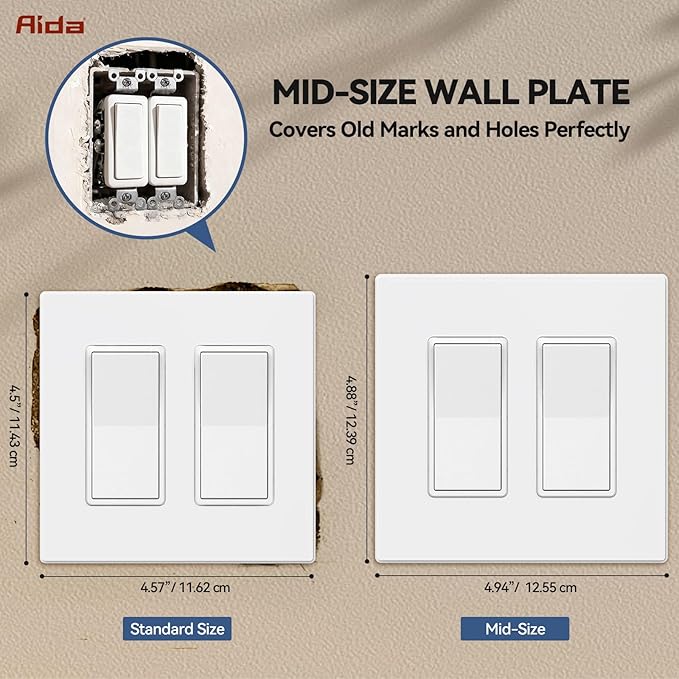 AIDA 10 Pack Screwless Wall Plate cover, 2 Gang Wall Plate Screwless Outlet Switch Covers Outlet Covers Switch Plate Wall Plates for Electrical Outlets and Switches, UL Listed -Matte White