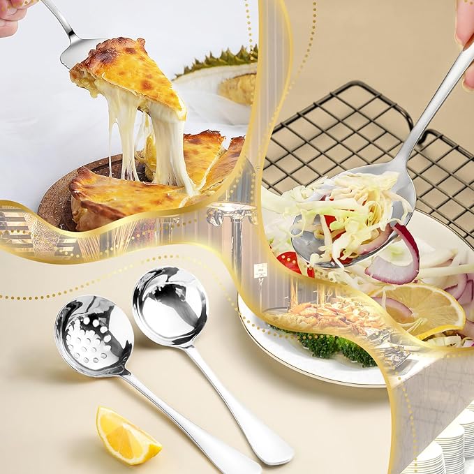 32Pcs Serving Utensils Set Serving Spoons, Buffet Tongs, Cake Spatula, Forks, Perforated Ladles, Soup Scoops, Skimmers and Black Heavy-Duty Serving Tongs (Silver)
