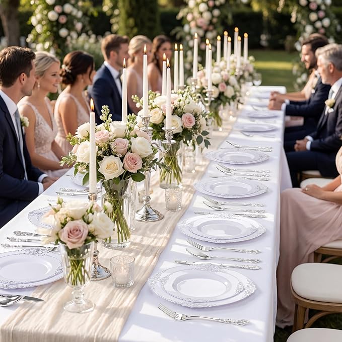 102PCS White and Silver Plastic Plates - Heavyweight Silver Plate - Wedding Plate with Silver Rim - Fancy Dinner & Dessert Plates for 51 Guests Weddings & Parties