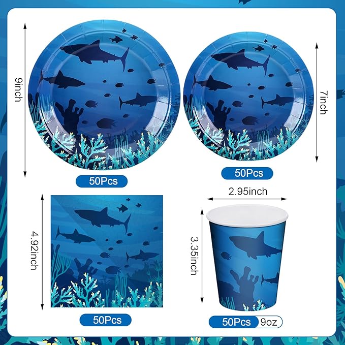200 Pieces Party Supplies Tableware Set Patterns Printed Plates Napkins Cups Table Decorations for Baby Shower Birthday Party (Sea Style)