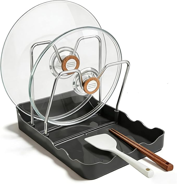 Kitchen Pot Lid Storage Rack, Pot Lid Organizer,Pot Lid Holder with Removable Drip Tray,Stainless Steel Bracket,Detachable design,Suitable for Placing pot Lids, Spoons, Cutting Boards, etc (Gray)