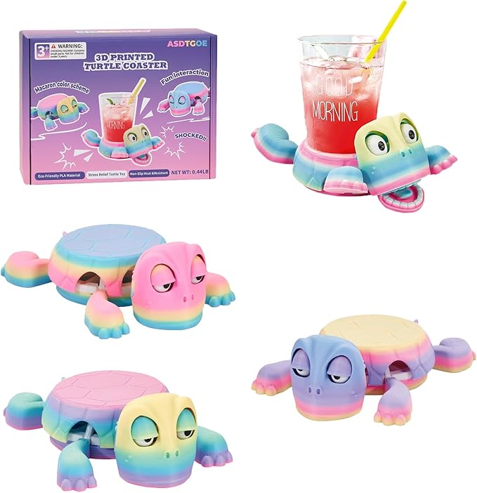 3D Printed Funny Turtle Coasters - Colorful Wacky Turtle Coaster Stress Relief Toys, Desktop Decorations for Home, Office, Party, One Piece (Matte Elegance)
