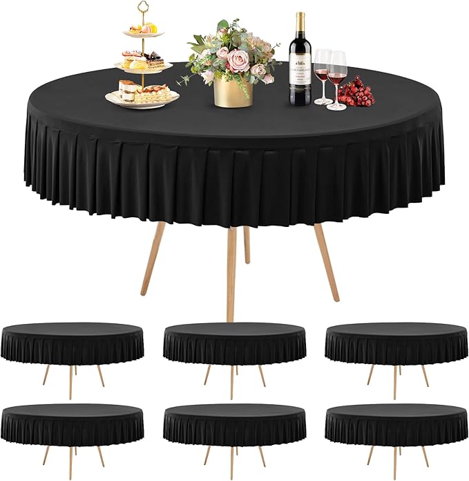 6 Pack Black Spandex Round Tablecloths for 72in Table, Stretchy Fitted 6FT Round Table Cloths, Wrinkle Free Table Cover with Skirt for Wedding Birthday Party Bridal Shower Banquet