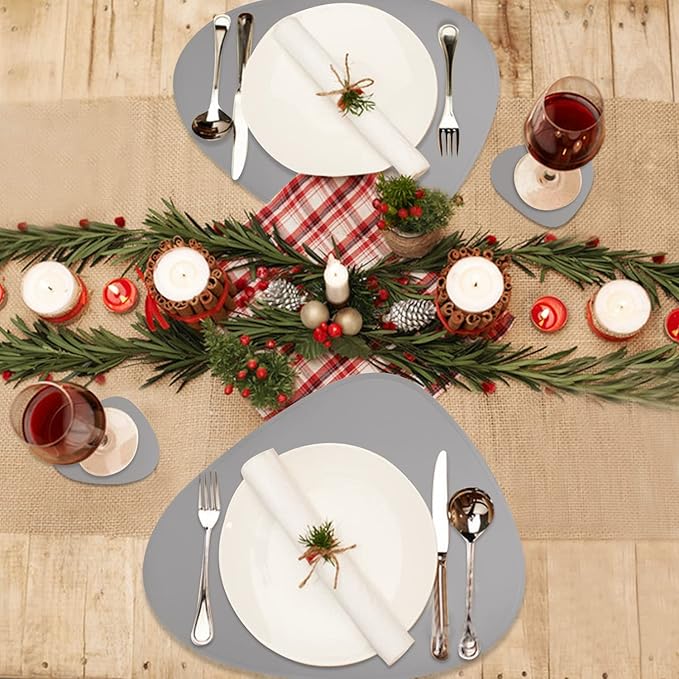 Faux Leather Placemats and Coasters Set of 2, Round Leather for Dinner Table Mats Heat Resistant Non-Slip Insulation Coffee Mats Kitchen Place Mats Nordic Style (Light Gray, 2 Placemats+2 Coasters)