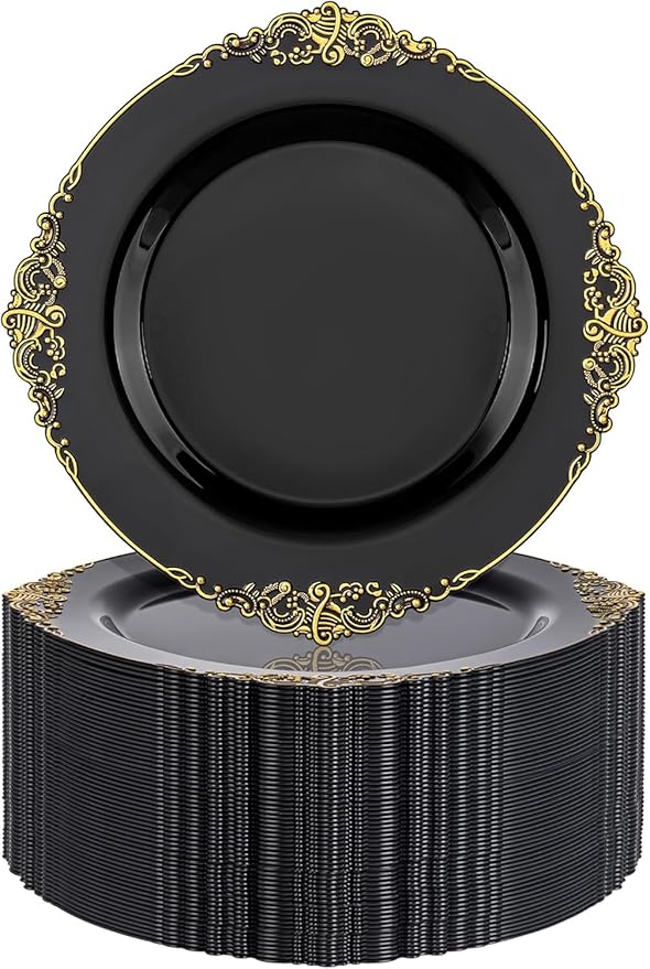Nervure 100PCS Black Gold Plastic Plates - 7.5 inch Black Plastic Plates with Gold Rim - Disposable Dessert Plates for Wedding & Party