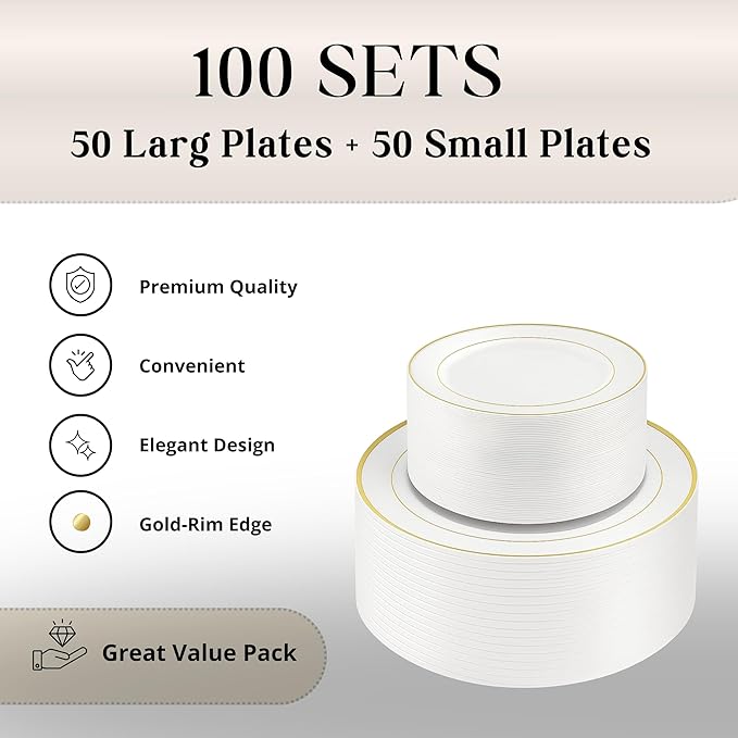 Neatiffy100 Pcs Gold Rim Plastic Dinnerware Set (50 Guest) | 50 x (Dinner Plate, Dessert Plate) | For Wedding, Luxurious Party, Special Event
