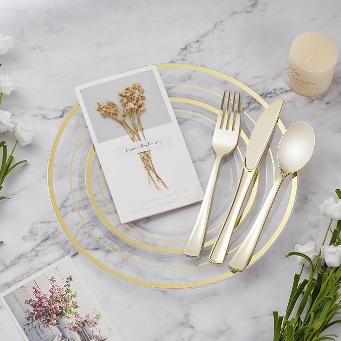 BESTVIP 50PCS Clear Gold Plastic Plates, 10.25 Inch Disposable Dinner Plate Party with Gold Rim, Heavy Duty Disposable Plastic Plates for Christmas, Thanksgiving, Party, Wedding and Birthday