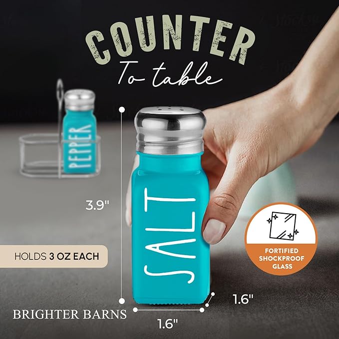Teal Salt and Pepper Shakers Set with Holder by Brighter Barns - Turquoise Kitchen Decor and Accessories - Cute Salt and Pepper Set with Caddy - Modern Farmhouse Glass Shakers for Dining Table (Teal)