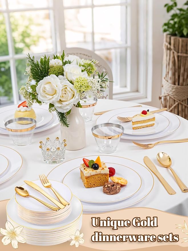 WDF 150Pcs White and Gold Plastic Plates - Gold Plates Disposable - 25guest Disposable Dinnerware Include 25 Dinner Plate, 25 Dessert Plate, 25 Cutlery & 25 9oz Cups for Wedding Party Valentine's Day