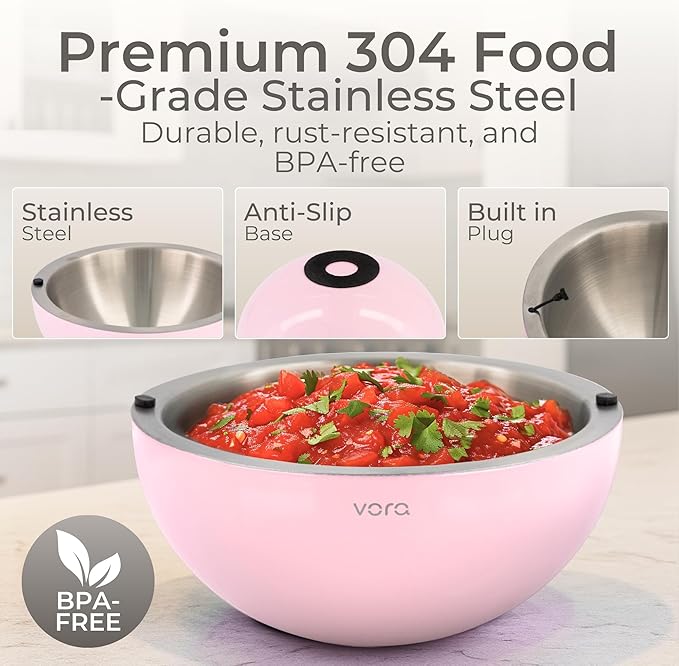Vora 35oz Stainless Steel Chilled Serving Bowl - 1 Pack Insulated Serving Bowl with Anti Slip Base, Funnel & Plugs to Keep Dips, Salads & Appetizers Cold - Ice Bowls to Keep Food Cold for Parties