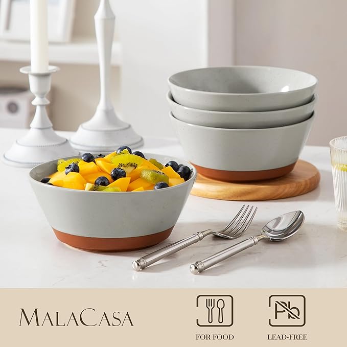 MALACASA Soup Bowls, Ceramic Salad Bowls Set of 4, 35oz Ceramic Bowls for Ramen, Cereal, Fruit and Pho, Microwave & Dishwasher Safe, Speckled Deep Bowls, Grey & Brown