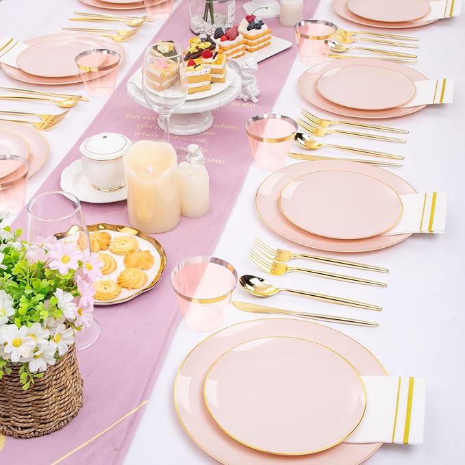 MirthMood 210PCS Pink Plastic Plates with Gold Rim – Plastic Plates Set Includes 30 Dinner,30 Dessert Plate,30 Cup&30 Napkins 90 Gold Silverware for Wedding&Birthday Parties&Valentine's Day