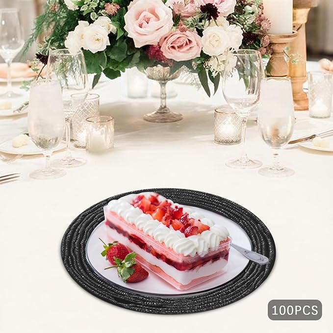 100 PCS Antique Charger Plates Bulk, 13 Inch Round Textured Edge Plastic Dinner Chargers, Bulk Plastic Charger Plates Set for Wedding, Party, Table Decor (Black)