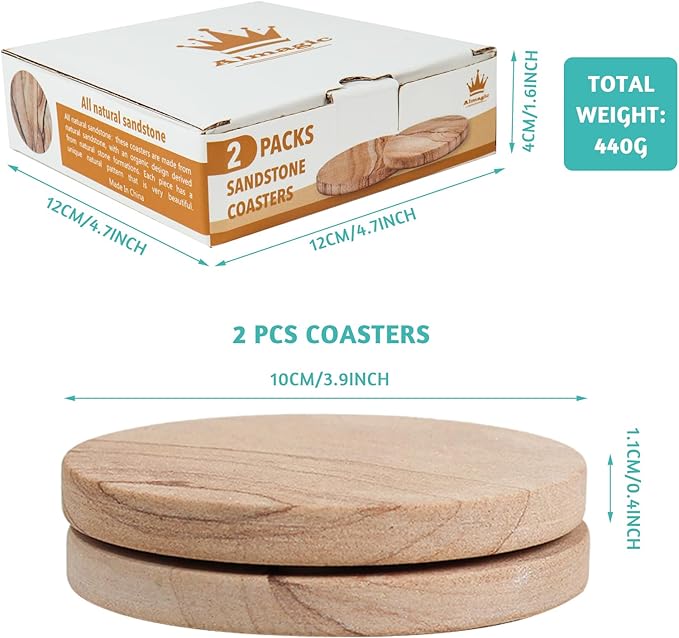 Natural Sandstone Coasters Set of 2 (No Holder), 4 in Dia Drink Coasters for Coffee Table, Water Absorbent & Heat Resistant Cup Coasters for Home & Office, Christmas Birthday Gift