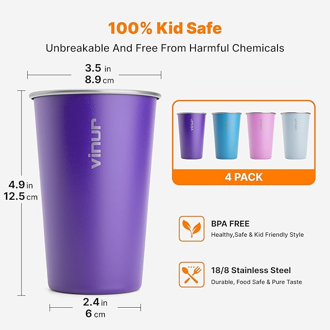 VINUR 16 oz Stainless Steel Cups 4 Pack Pint Tumbler Stackable Metal Drinking Glasses for Travel, Camping, Outdoors (Purple Pink-Sky Blue-Purple-Baby Blue)